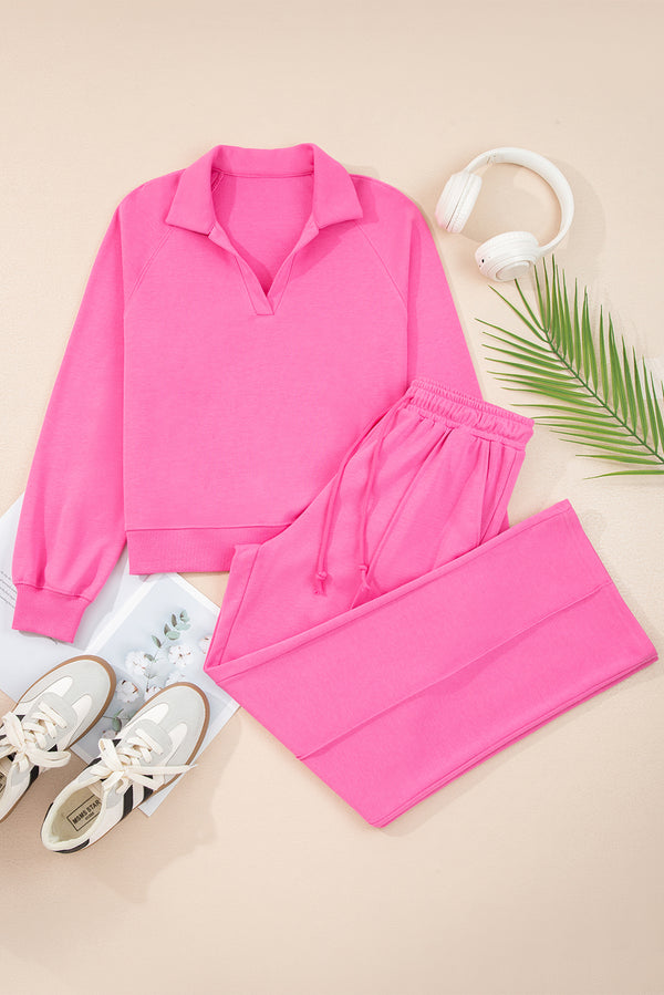 Bright Pink Solid Color Collared Pullover and Central Seam Pants Set