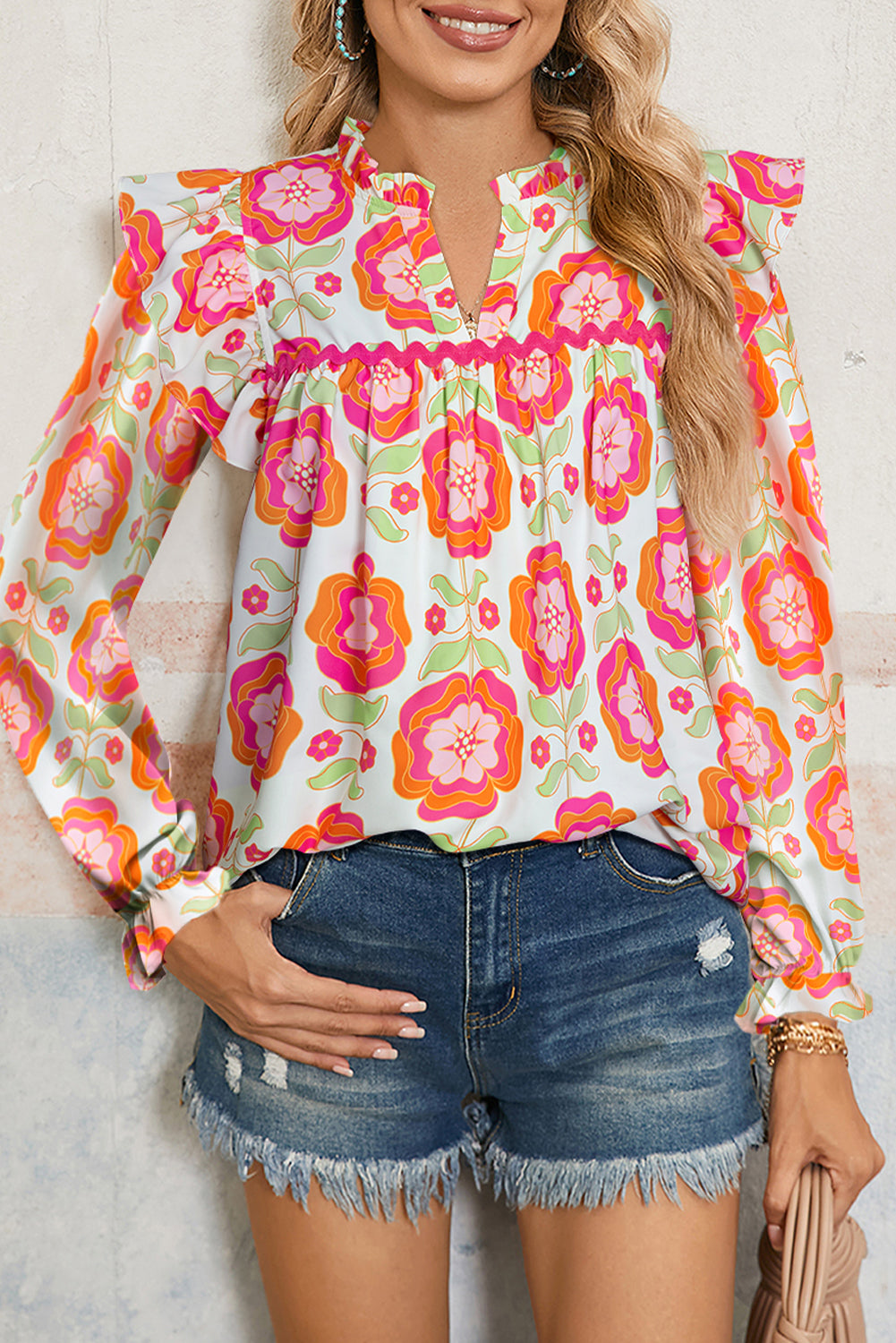 Floral Printed Ruffled Long Sleeve Blouse