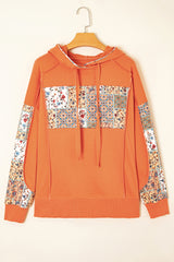 Flamingo Mix Floral Patchwork Side Slit Drawstring Hoodie