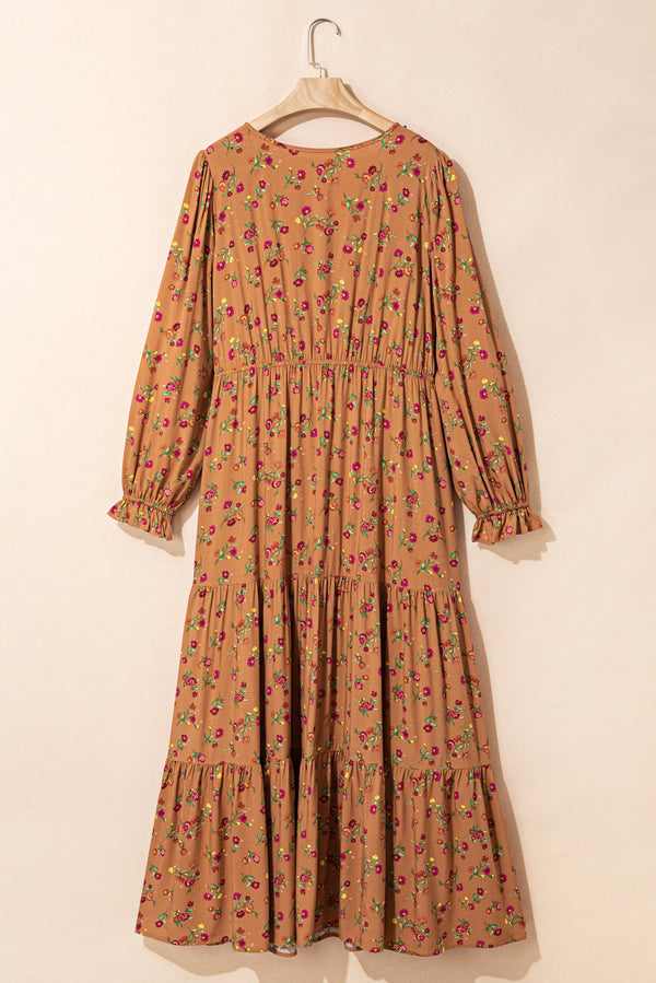 Plus Size Floral Split V Neck Ruffled Sleeve Tiered Maxi Dress