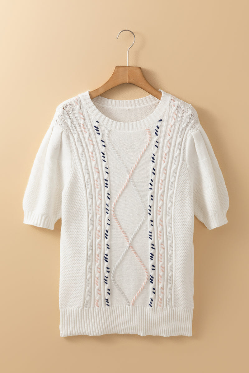 Multicolor Stitch Detail Cable Knit Short Sleeve Sweater
