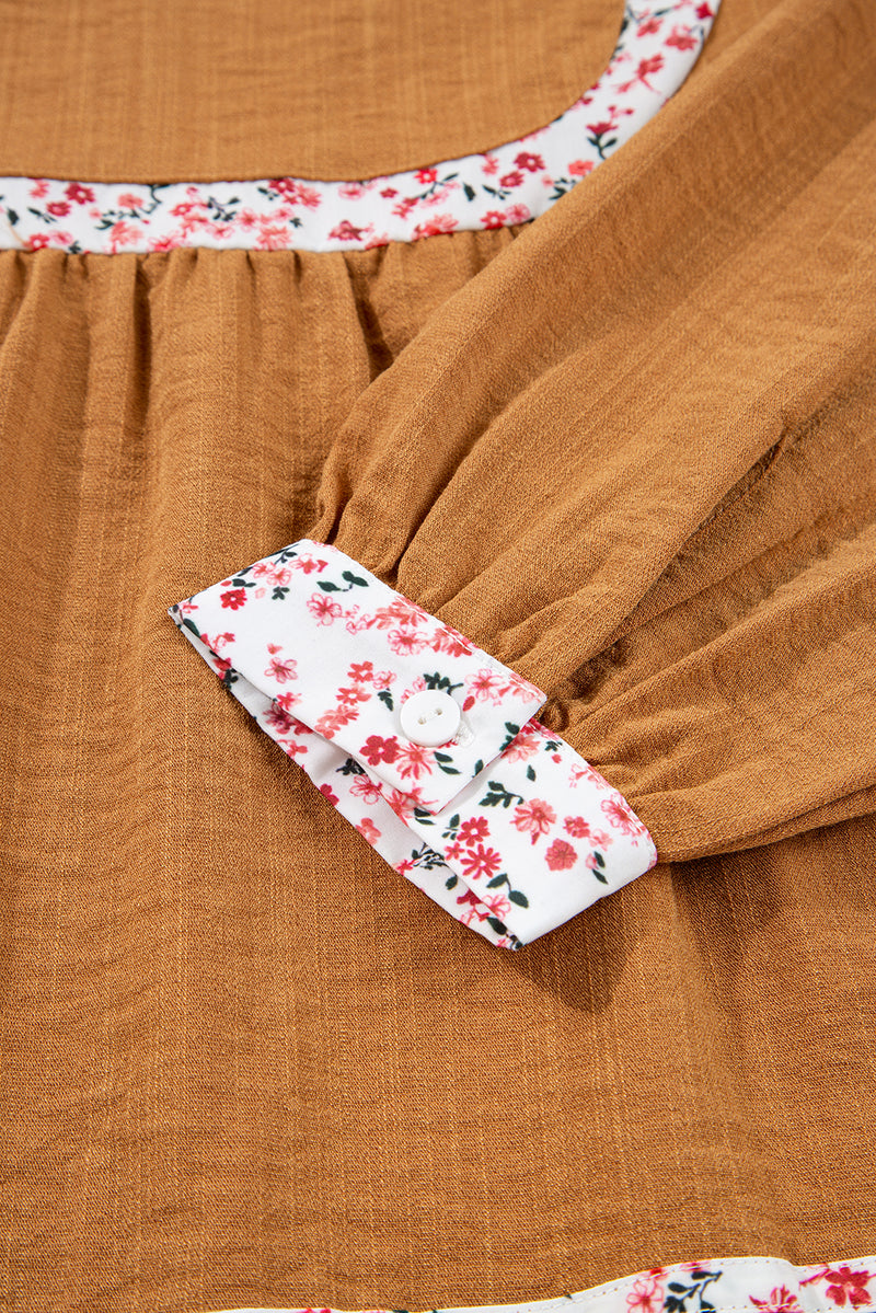 Split Neck Pleated Floral Trim Long Puff Sleeve Blouse
