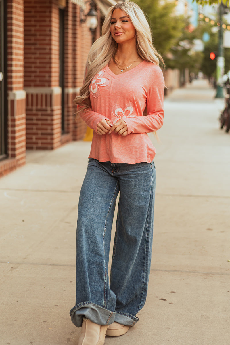 Floral Patchwork V Neck Long Sleeve T Shirt