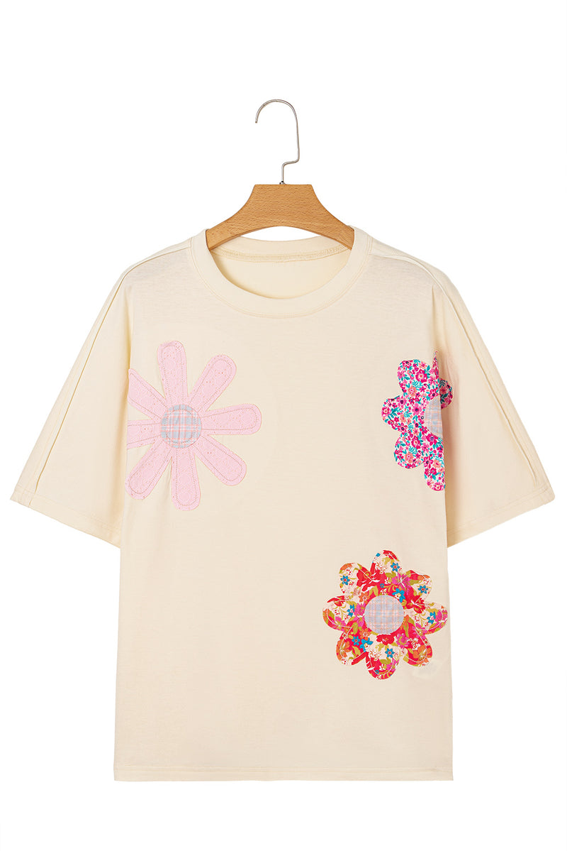 Flower Patched Exposed Stitching Trim Crew Neck Loose Tee