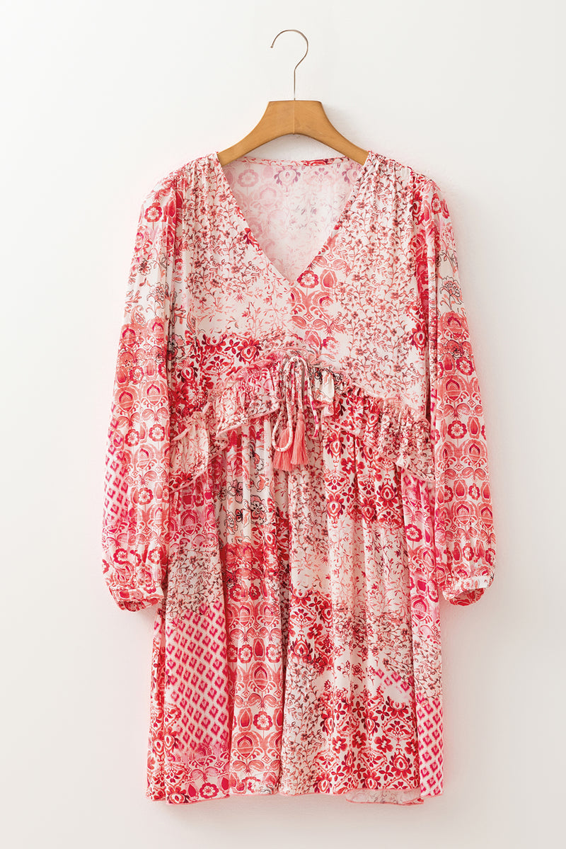 Bohemian Floral Print Tassel Tie Long Sleeve Flowy Mini Dress