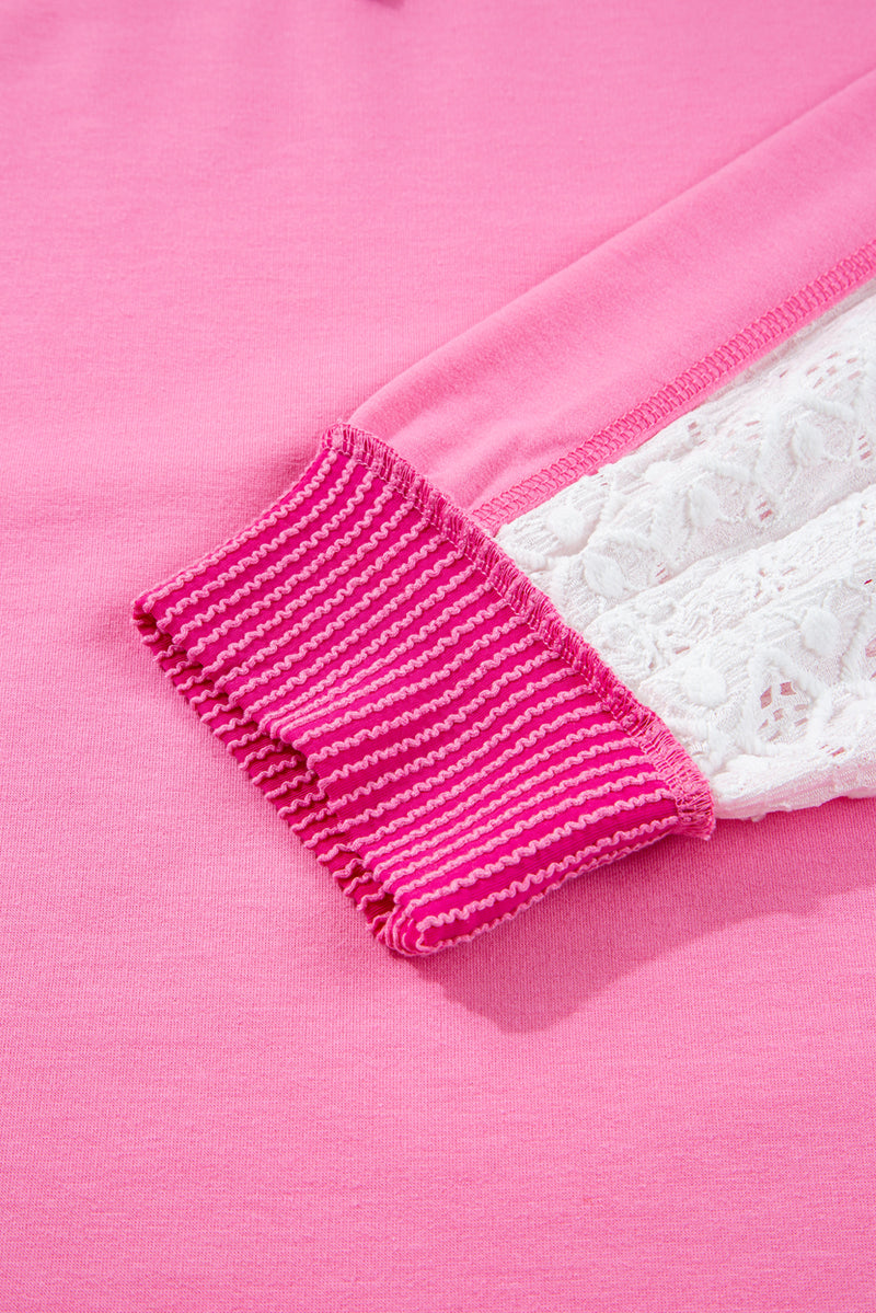 Lace Striped Patchwork Long Sleeve Corded V Neck Plus Size Top