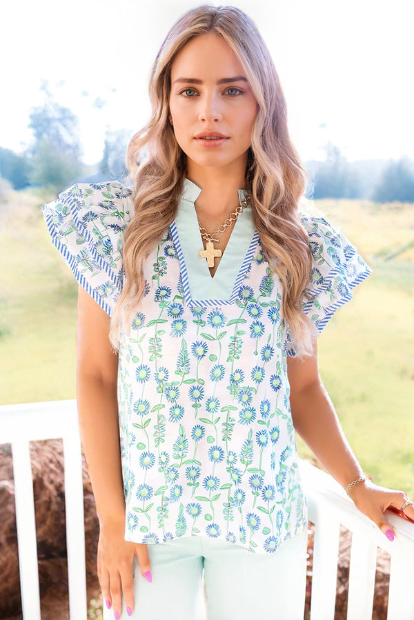 Floral Print Striped Detail Contrast V Neck Patchwork Flutter Sleeve Blouse