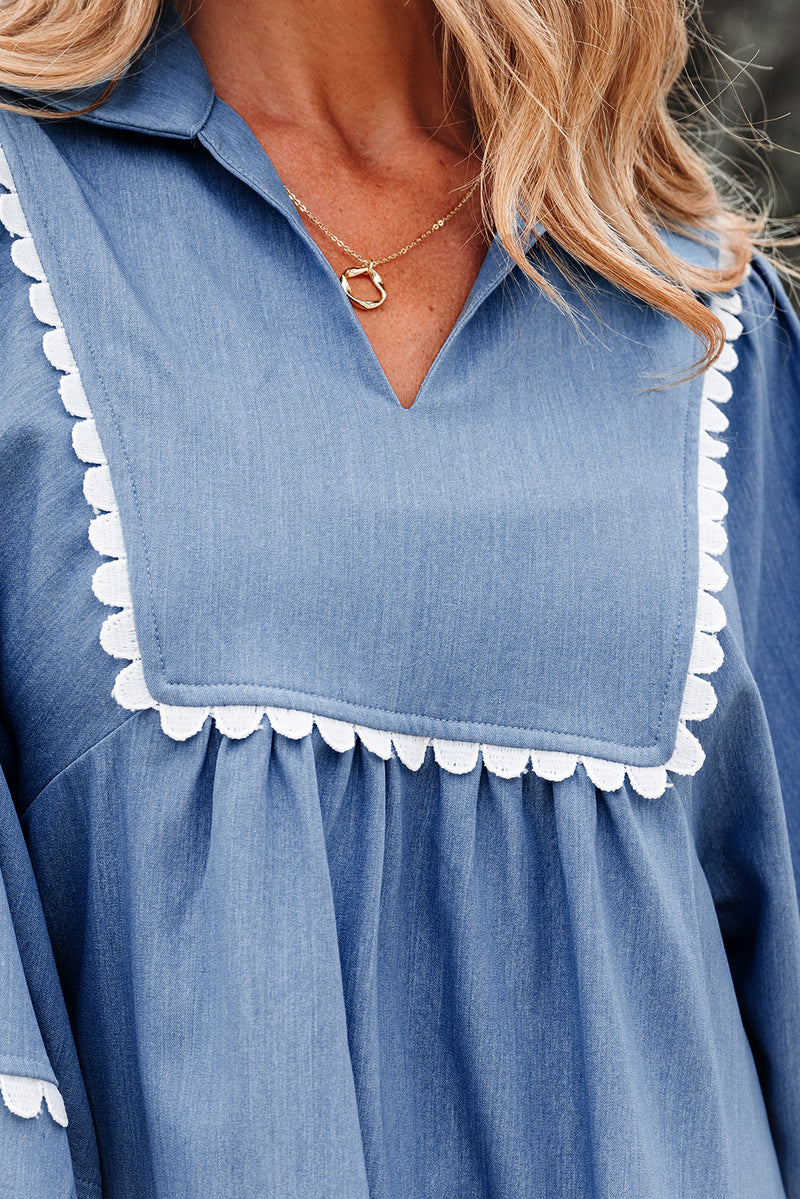 Lace Ric Rac 3/4 Puff Sleeve Collared Babydoll Blouse