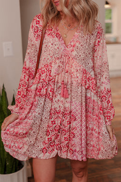 Bohemian Floral Print Tassel Tie Long Sleeve Flowy Mini Dress