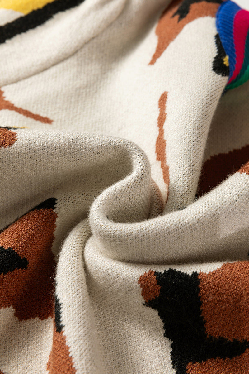 Contrast Ribbed Stripes Detail Animal Pattern Knit Sweater