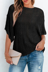 Solid Pointelle Knit Scallop Edge Short Sleeve Top