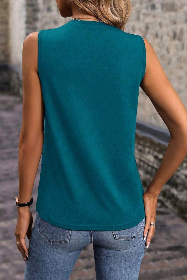 Solid Color Stitching Detail Round Neck Tank Top