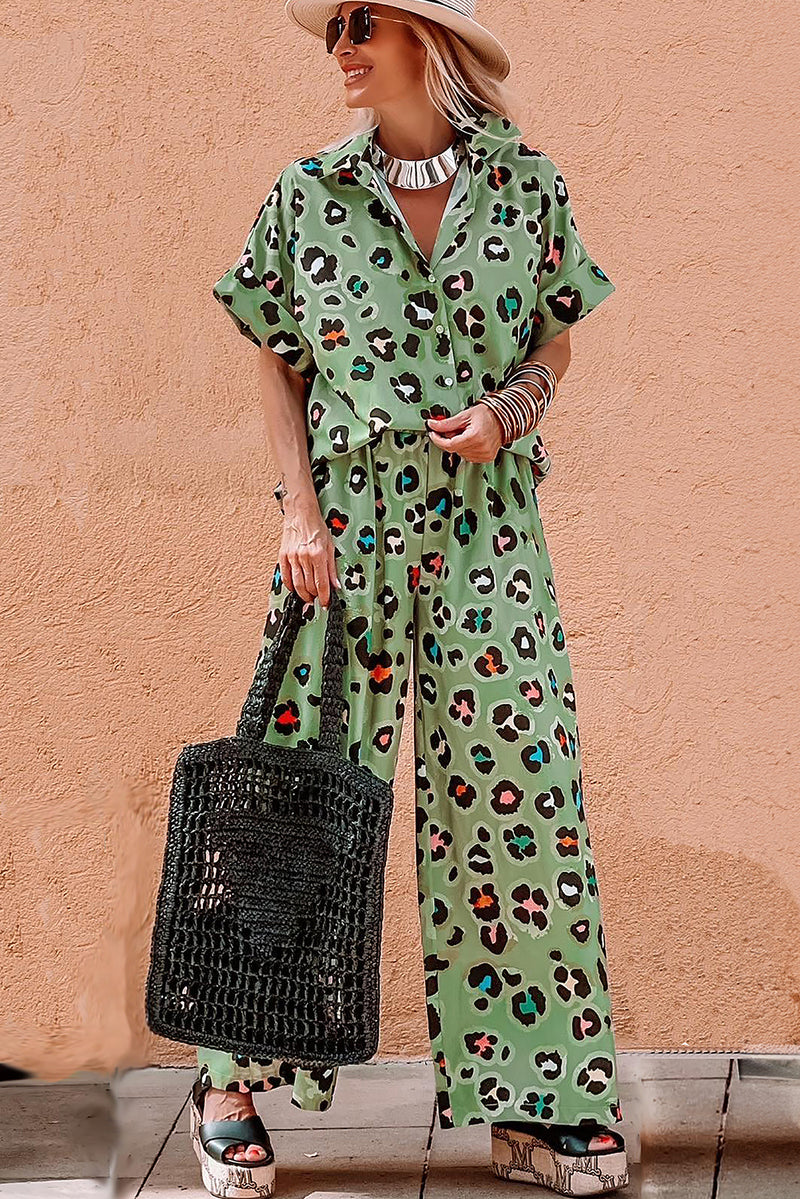 Leopard Print Short Sleeve Shirt and Wide Leg Pants Set