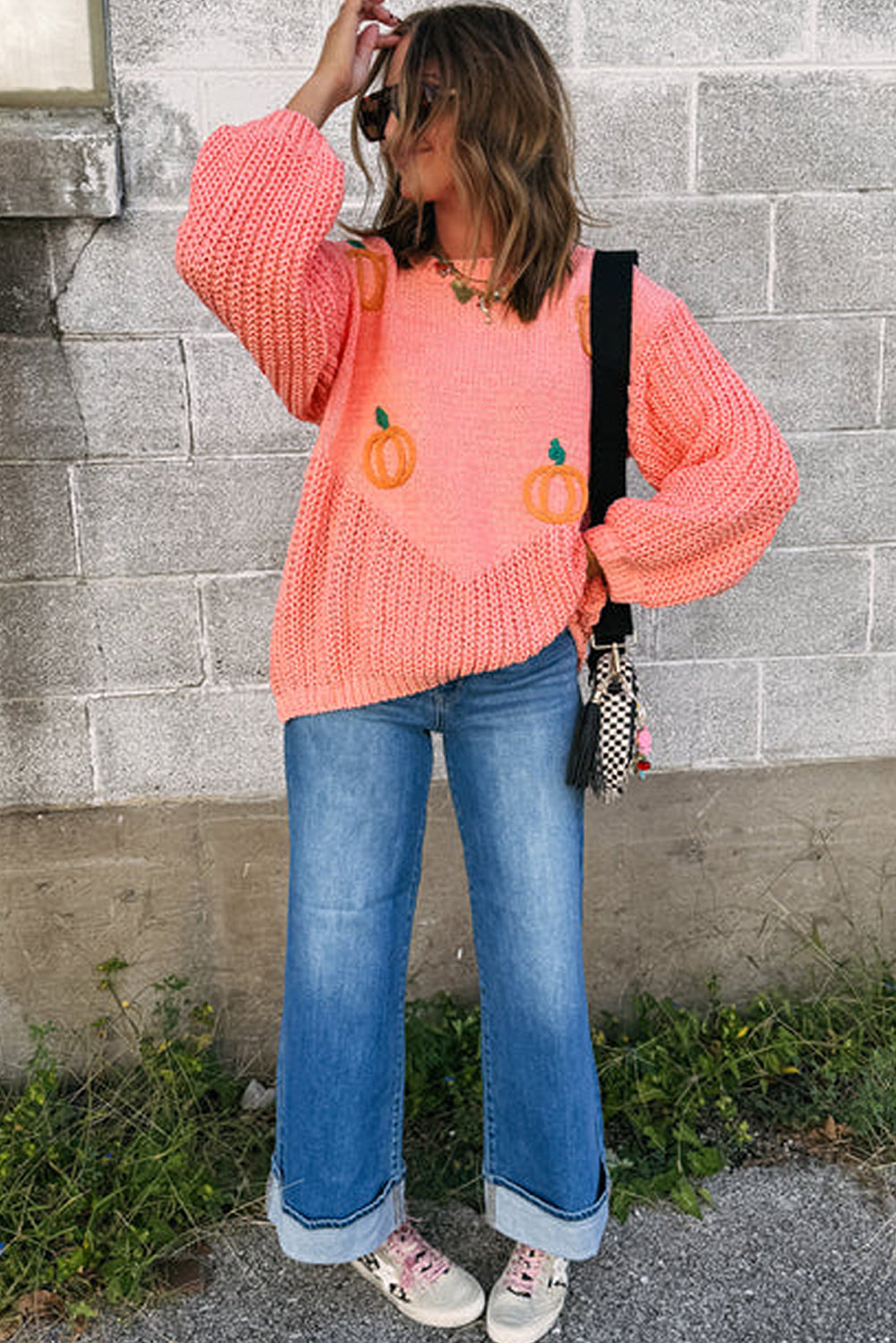 Peach Pumpkin Embroidered Thanksgiving Holiday Sweater