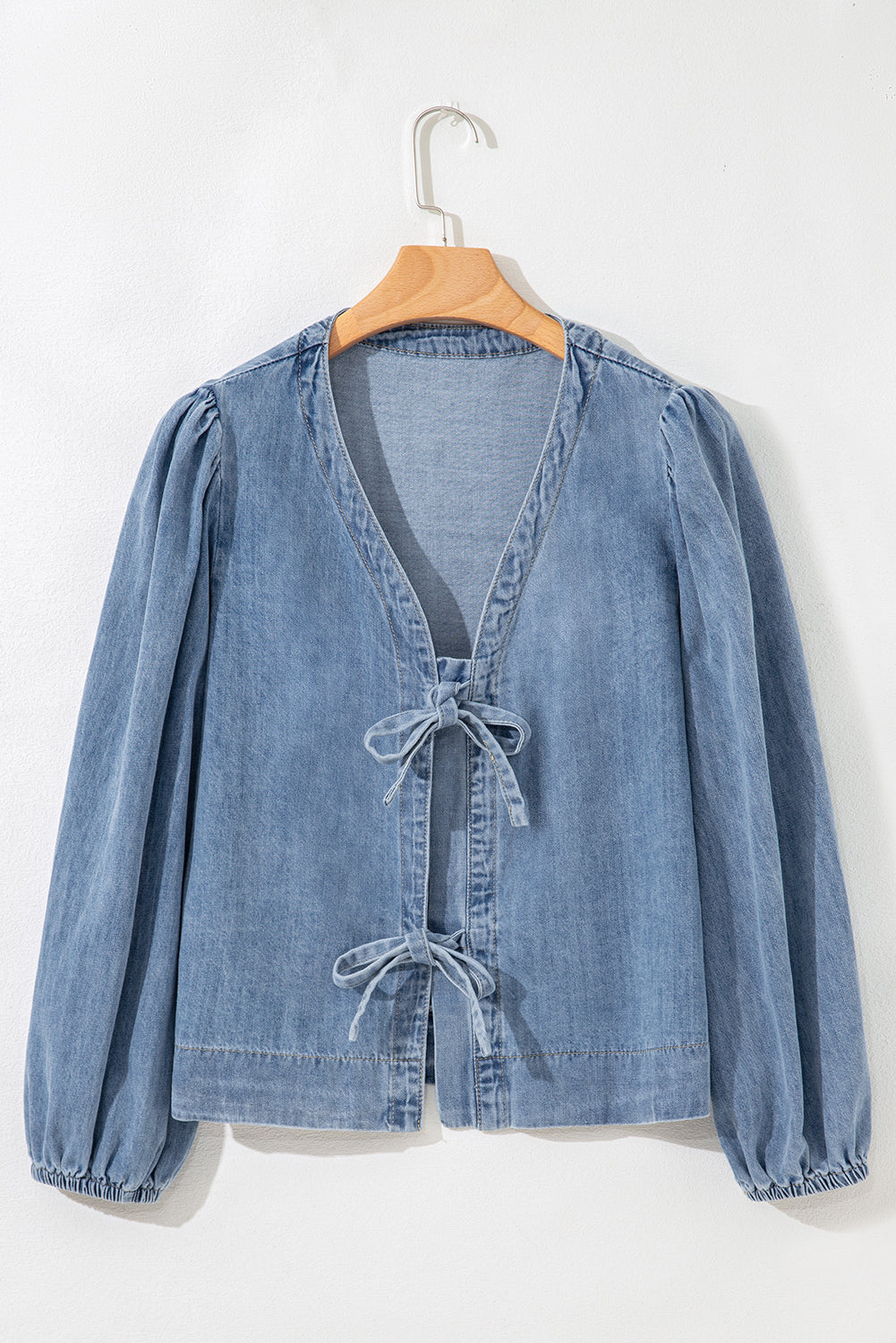 Tied Front Long Puff Sleeve Denim Top