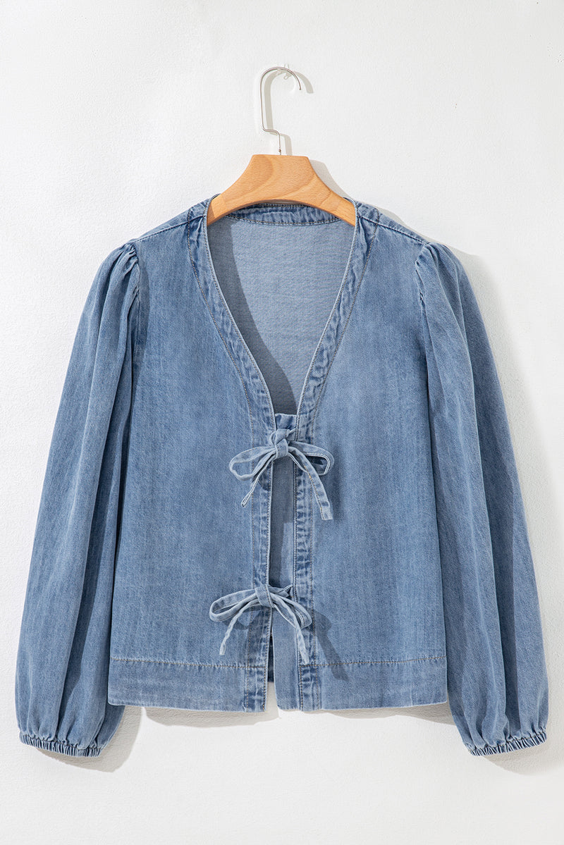 Tied Front Long Puff Sleeve Denim Top