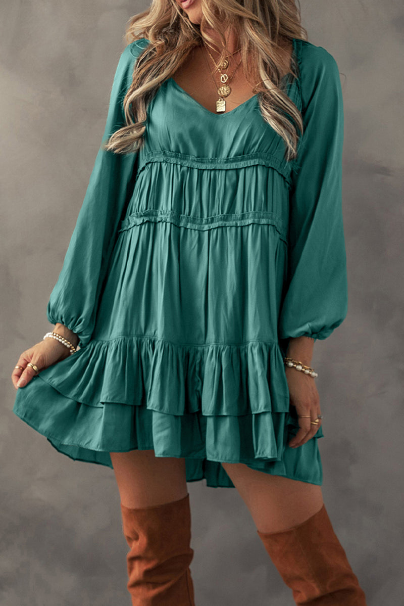 Tiered Ruffled Puff Sleeve Loose Fit Long Sleeve Mini Dress