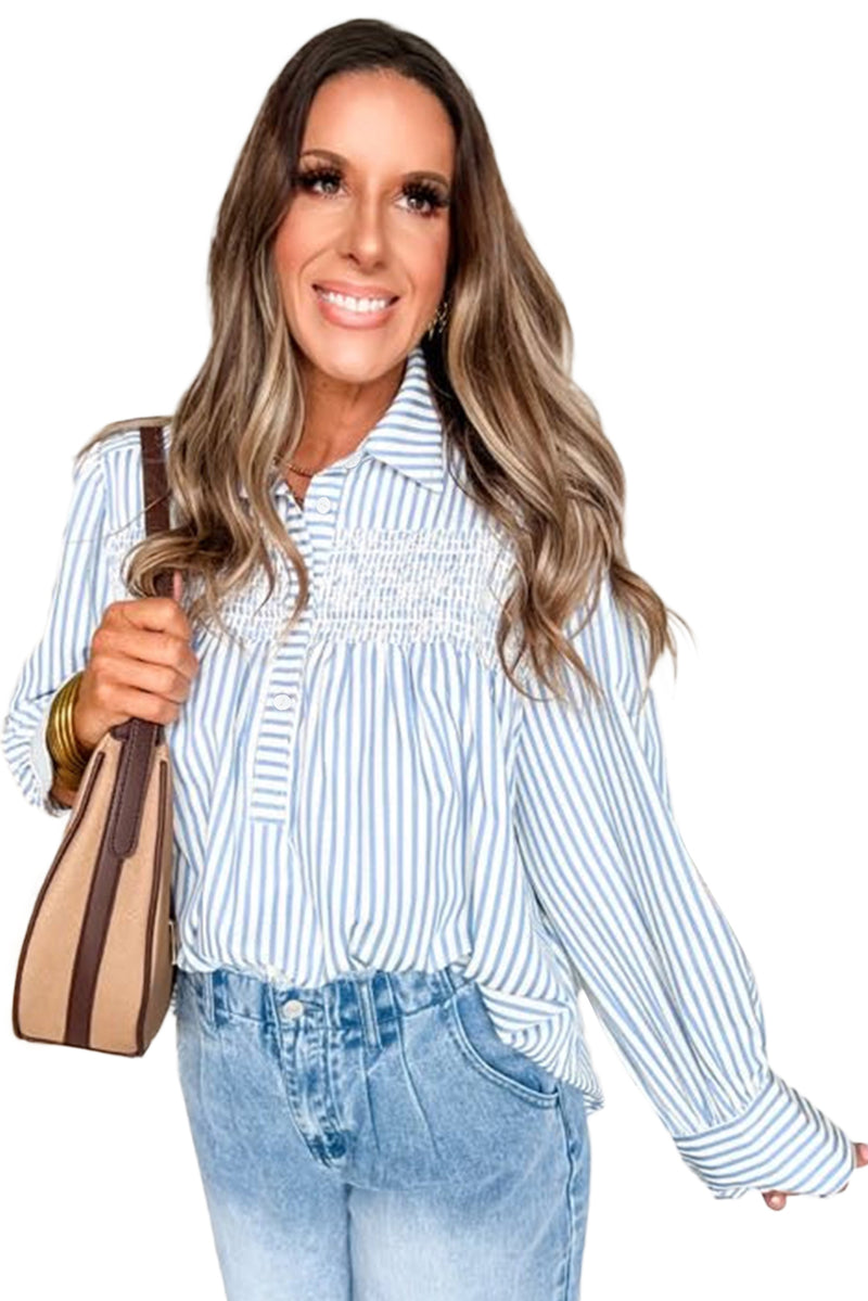 Stripe Shirred Detail Half Placket Collared Long Sleeve Fall Shirt
