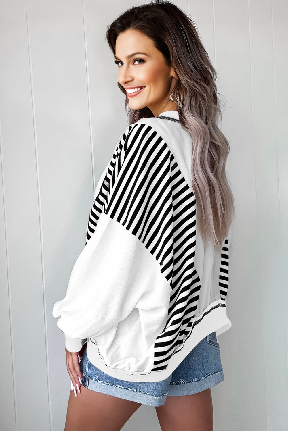 Stripe Colorblock Patchwork Contrast Stitching Oversize Sweatshirt