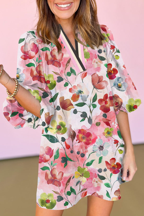 Floral Contrast Striped V Neck Puff Half Sleeve Shift Dress