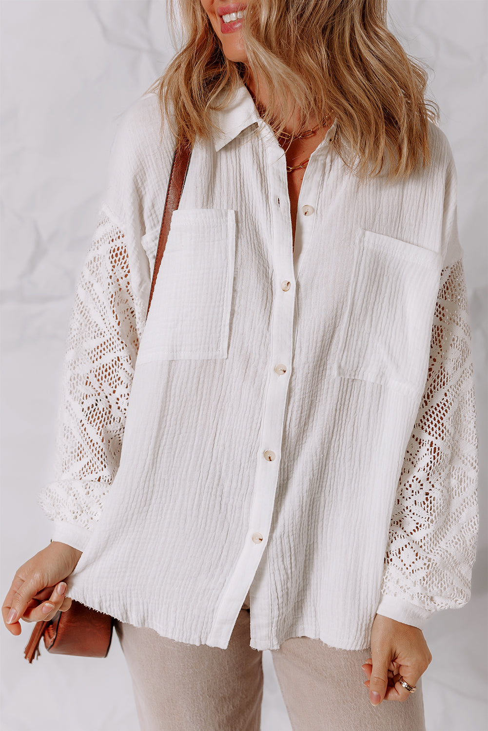 Cotton Gauze Lace Patchwork Long Sleeve Shirt