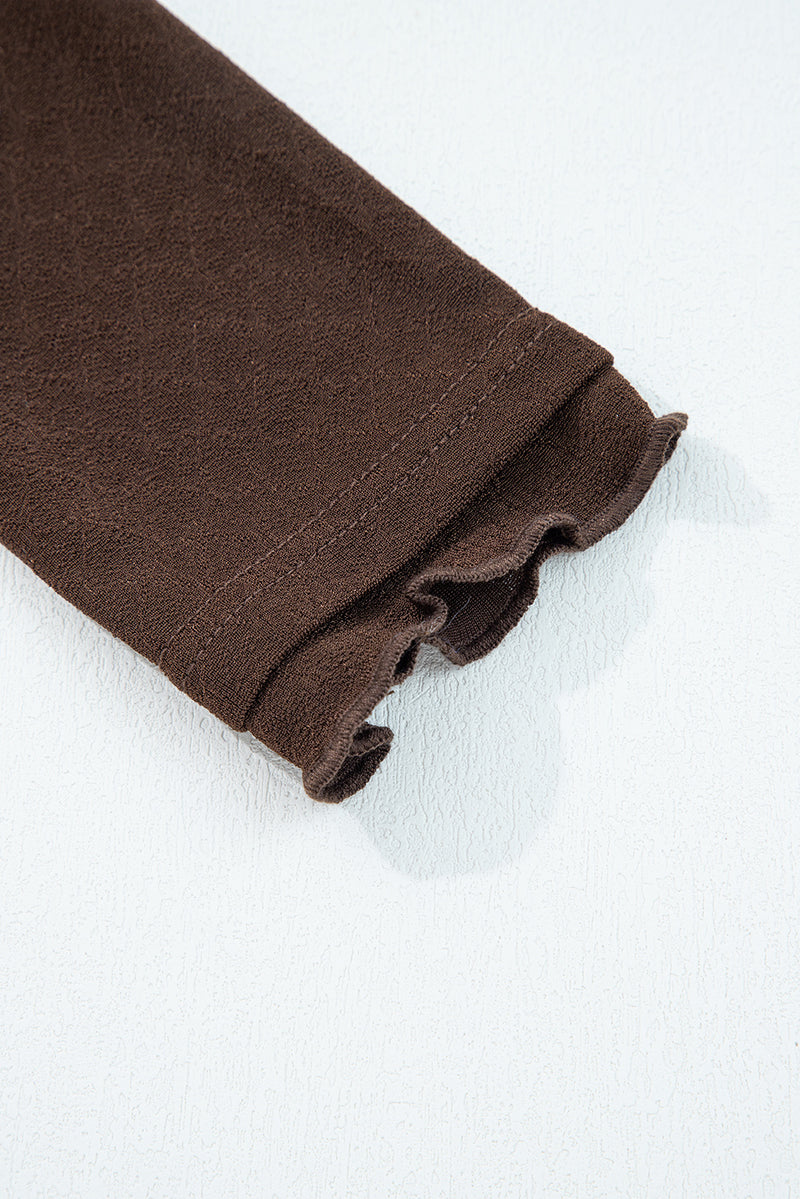 Brown Lettuce Trim Raw Seam Patchwork Jacquard Long Sleeve Top