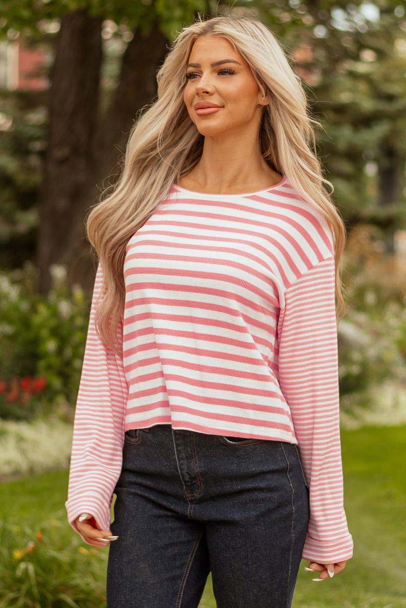 Stripe Textured Contrast Dropped Long Sleeve Top