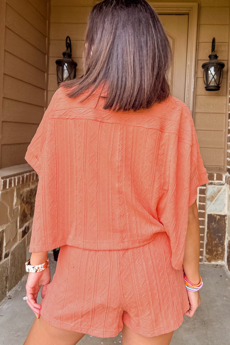 Solid Textured Patched Pocket Short Sleeve Top Drawstring Shorts Set
