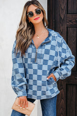 Checkerboard Zipped Neck Kangaroo Pocket Denim Hoodie