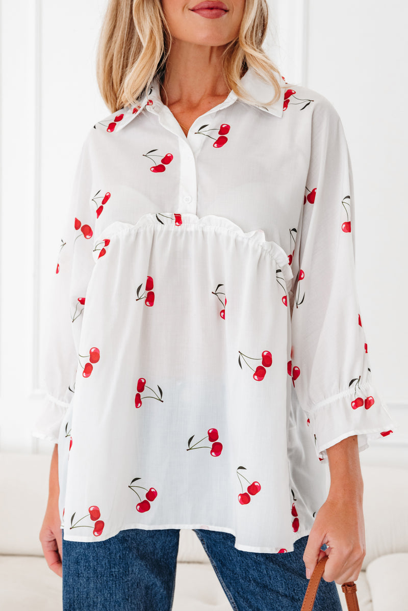 Cherry Print Flounce Sleeve Collared Frilled Babydoll Blouse