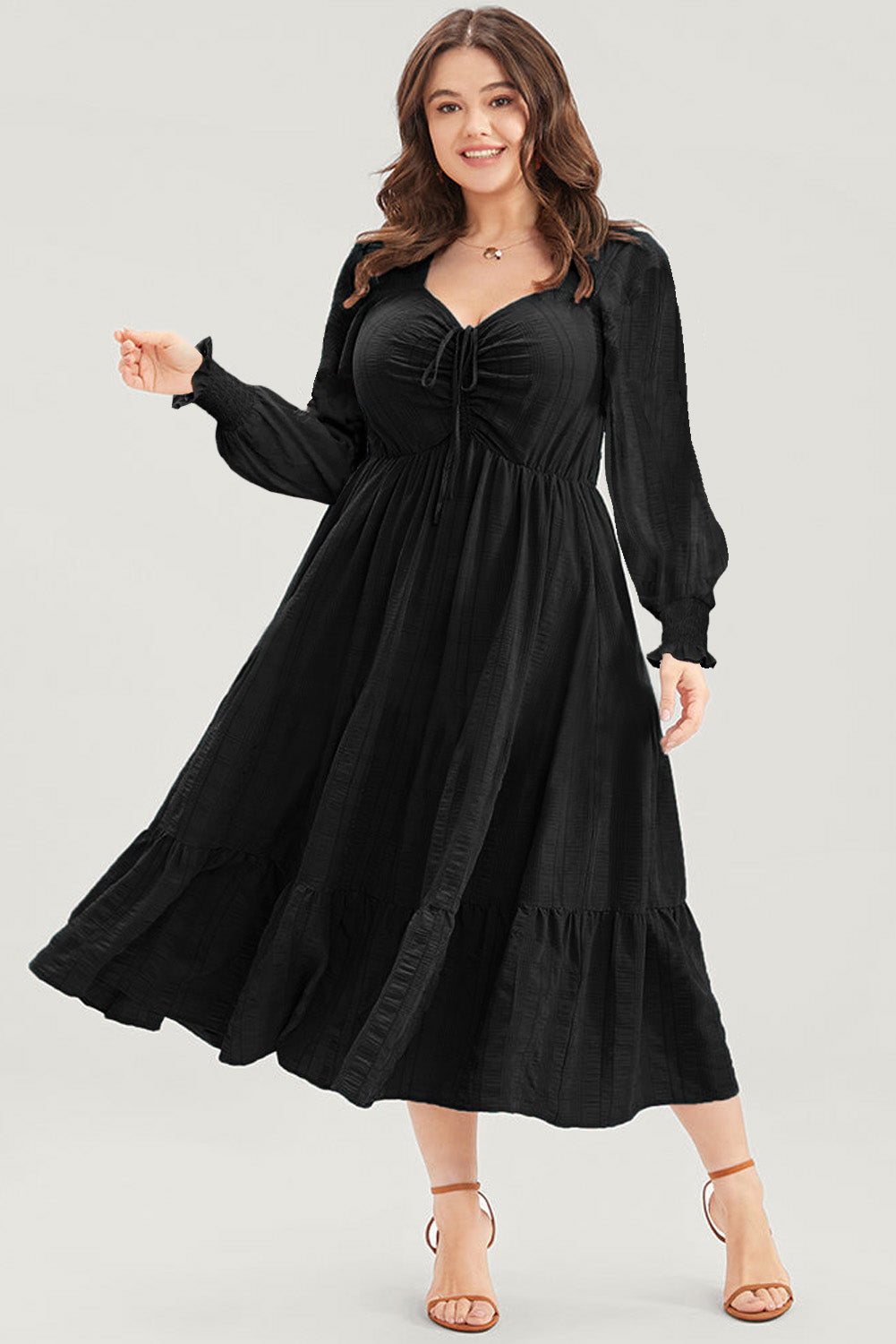 Solid Lace-up Ruched Front Long Sleeve Ruffle Hem Plus Size Midi Dress