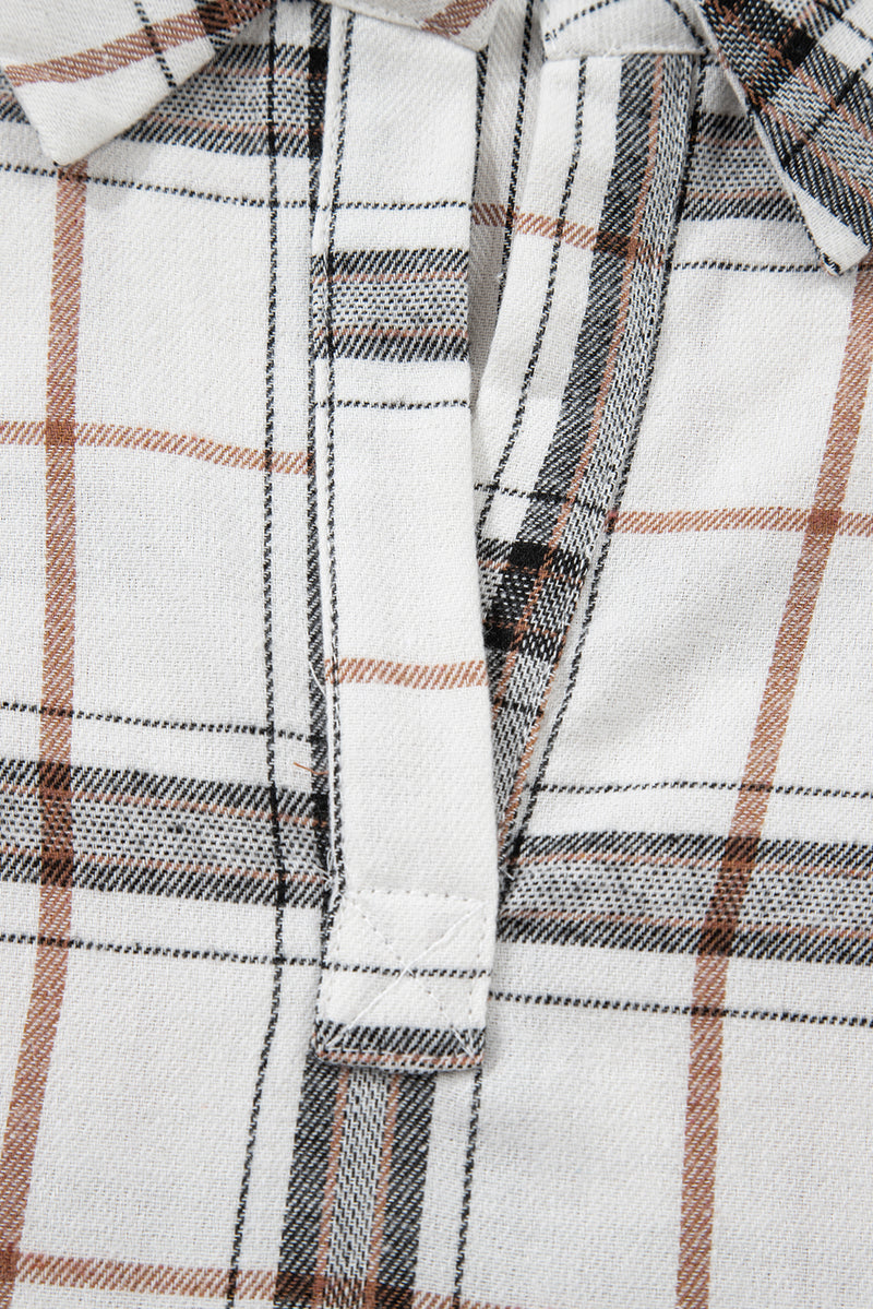 Plaid Print Collared V Neck Loose Blouse with Side Slits