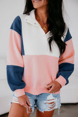 Colorblock Patchwork Half Button Baggy Sweatshirt