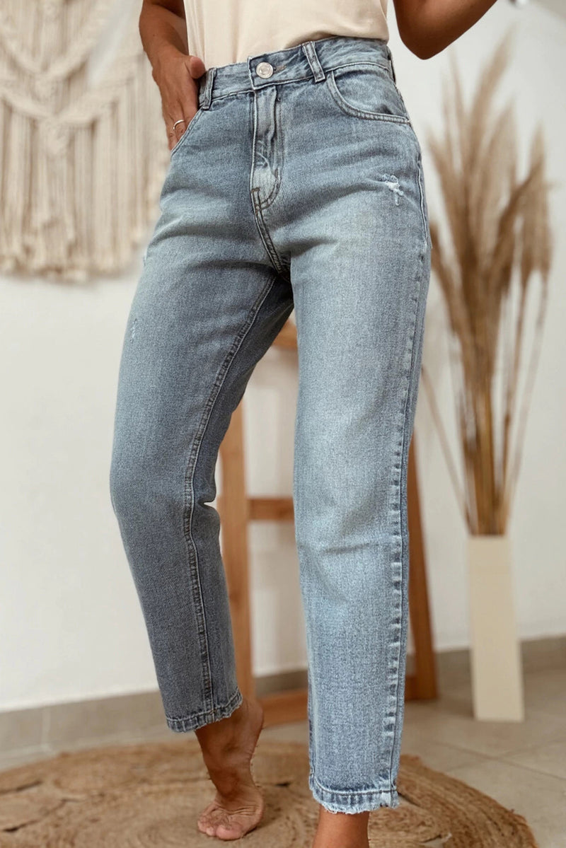 Blue Slightly Distressed Ankle-length Straight Jeans