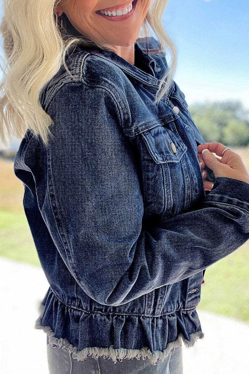 Trucker Beau Blue Ruffle Raw Hem Flap Pockets Denim Jacket