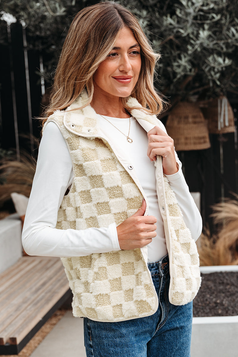Sherpa Checkerboard Snap Button Vest Jacket With Pocket