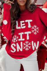 Red LET IT SNOW Graphic Christmas Holiday Loose Sweater