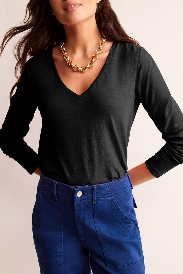 Solid Color V Neck Long Sleeve Stretchy Top