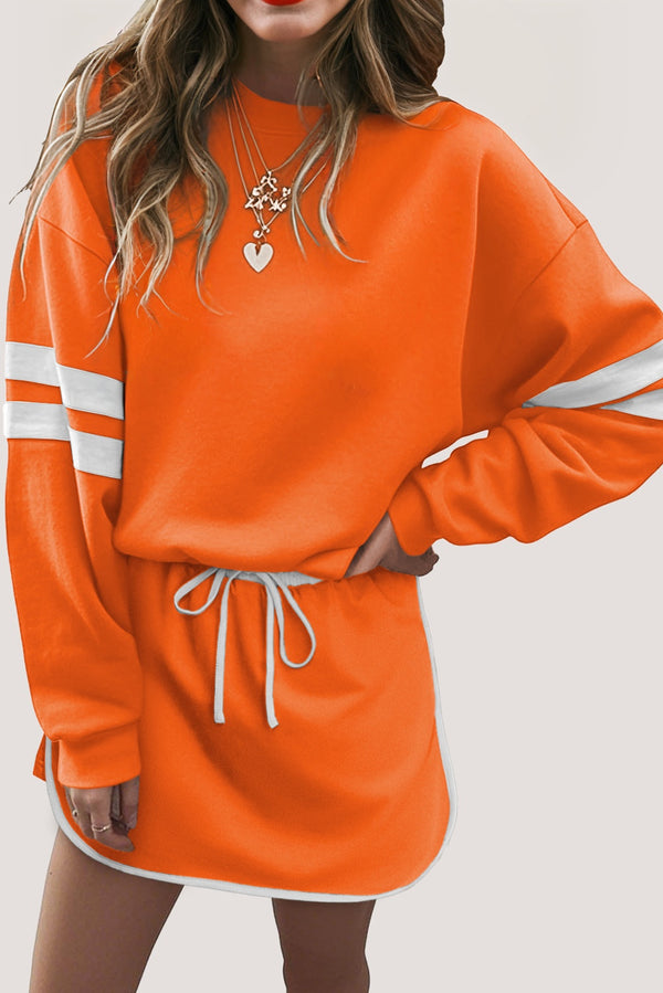 Varsity Stripe Detail Drop Shoulder Pullover Mini Skirt Set