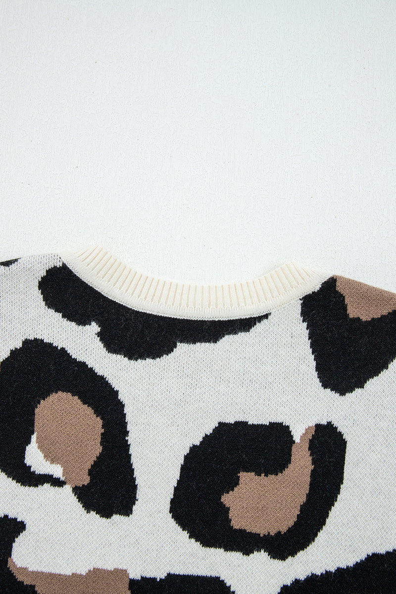 Beige Leopard Print Color Block Patchwork Sleeve V Neck Sweater