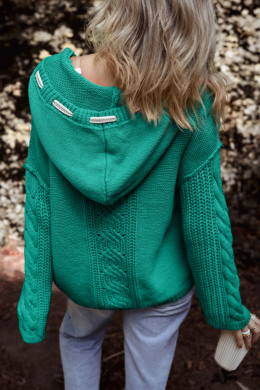 Solid Cable Knit V Neck Contrast Drawstring Hooded Sweater