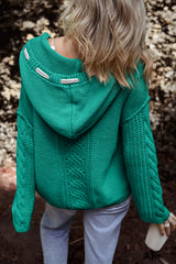 Solid Cable Knit V Neck Contrast Drawstring Hooded Sweater