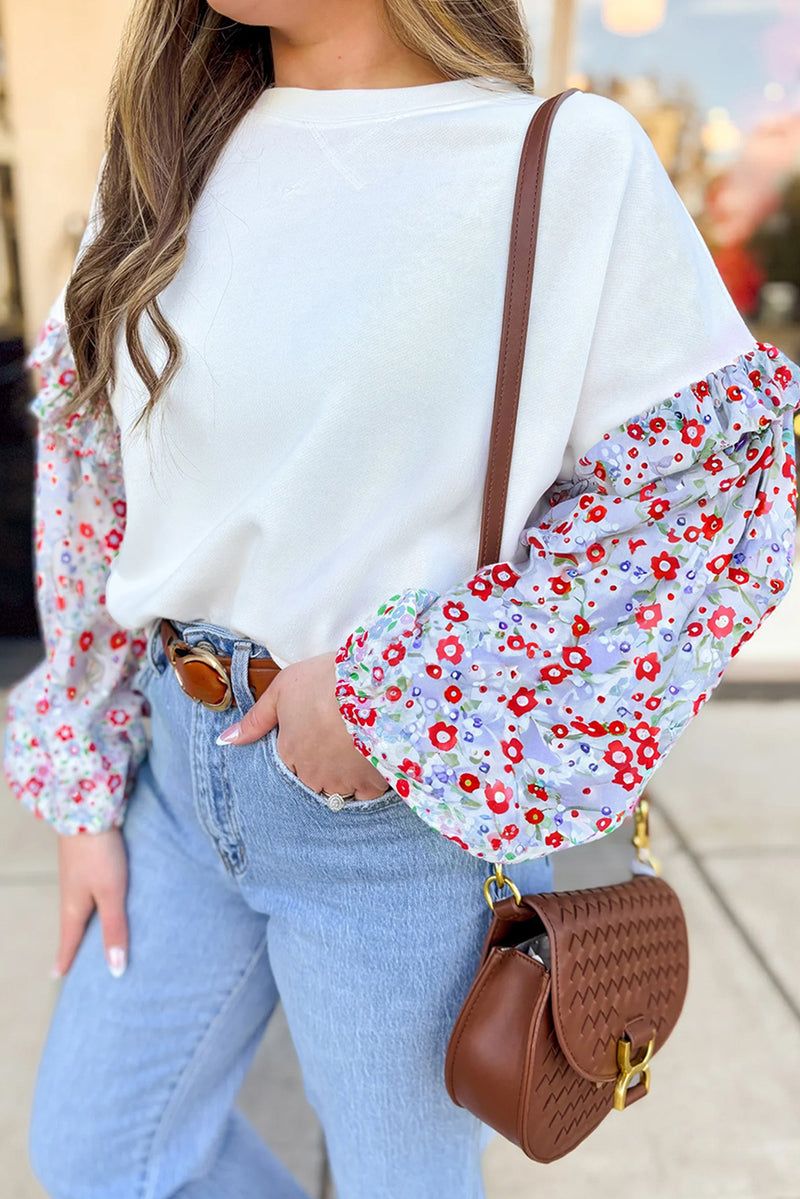 Floral Ruffled Balloon Sleeve Patchwork Loose Blouse