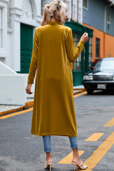 Mustard Yellow Velvet Open Front Pocketed Long Duster