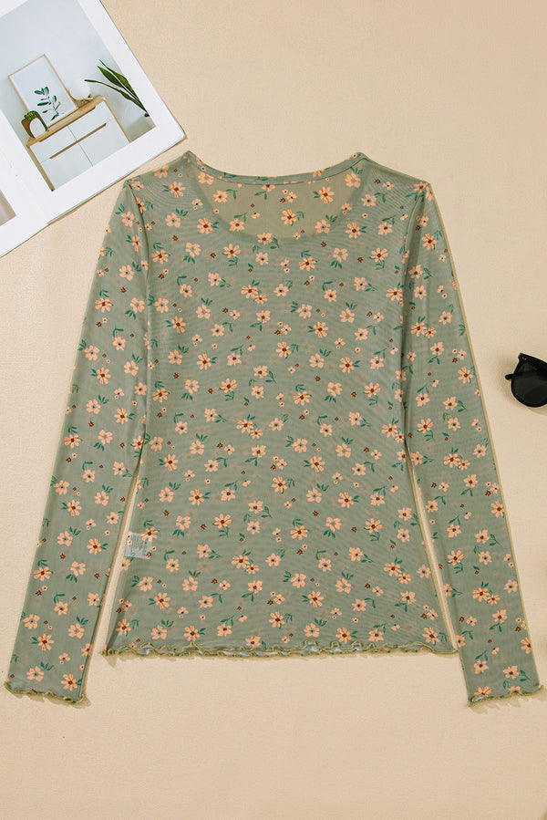 Vintage Floral Print Southern Style Mesh Long Sleeve Top