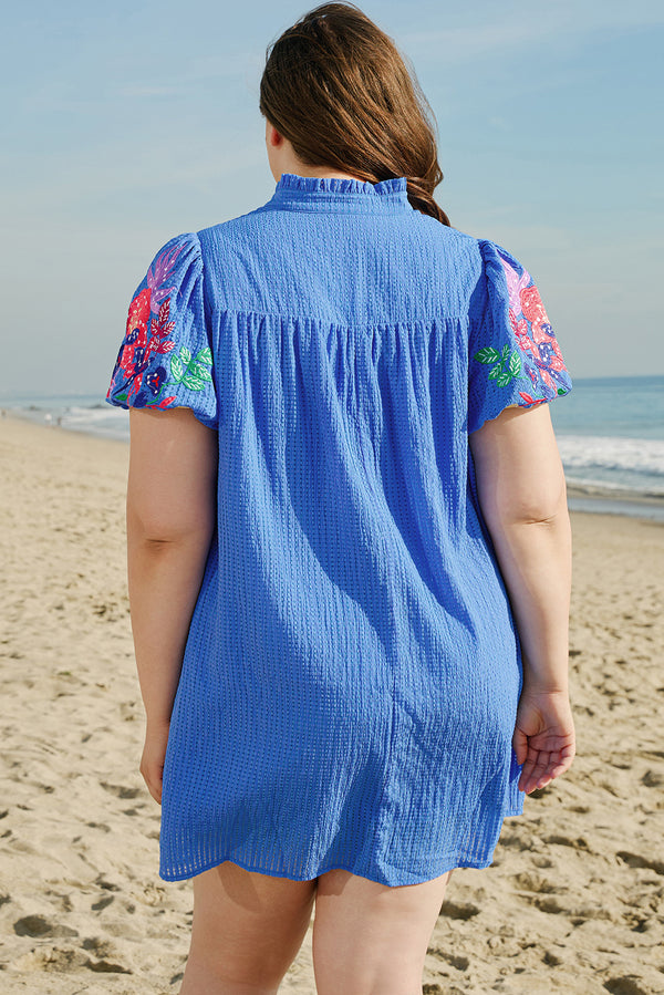 Plus Size Floral Embroidered Puff Sleeve Gingham Mini Dress