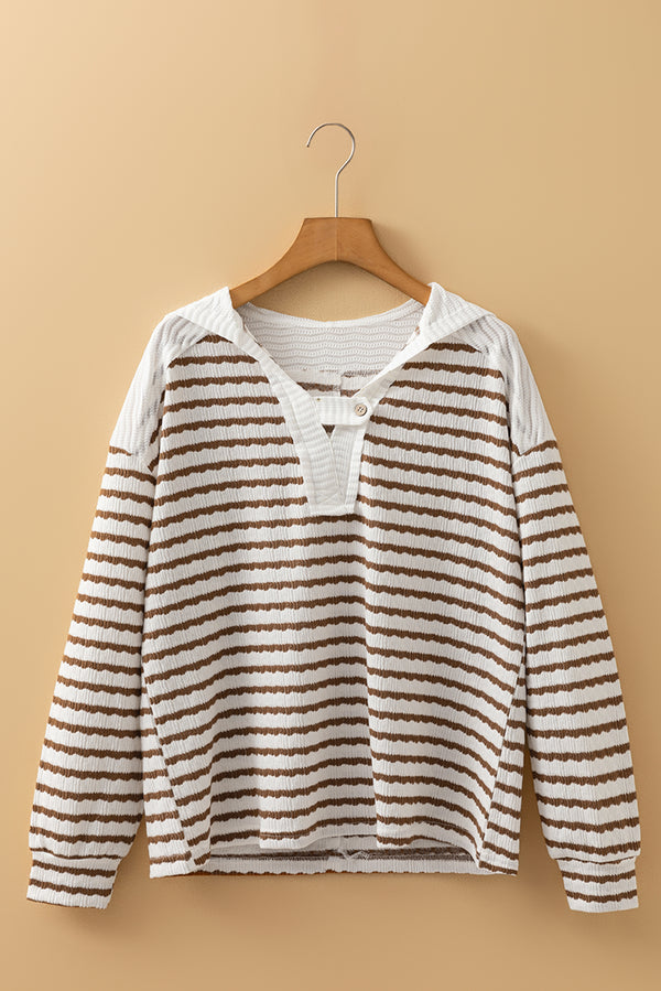 Stripe Textured Hooded V Neck Casual Long Sleeve Top
