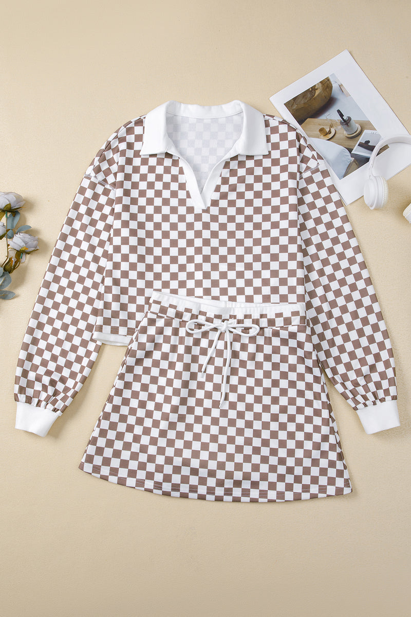 Checkered Print Polo Collar Cropped Long Sleeve Top Drawstring Mini Skirt Set