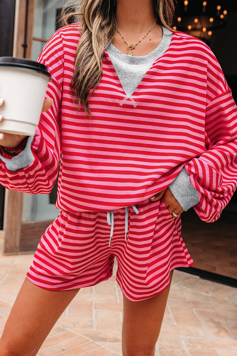 Stripe Drop Shoulder Baggy Pullover and Shorts Casual Set