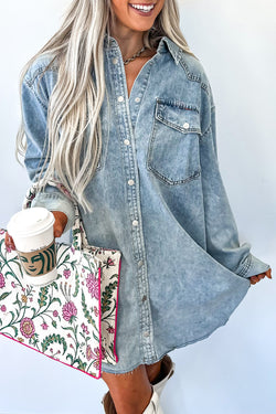 Chest Pocket Raw Hem Denim Loose Shirt Dress